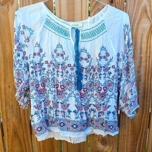C'isa Boho Boho Peasant Blouse Women's Medium White Blue Embroidery Print Top